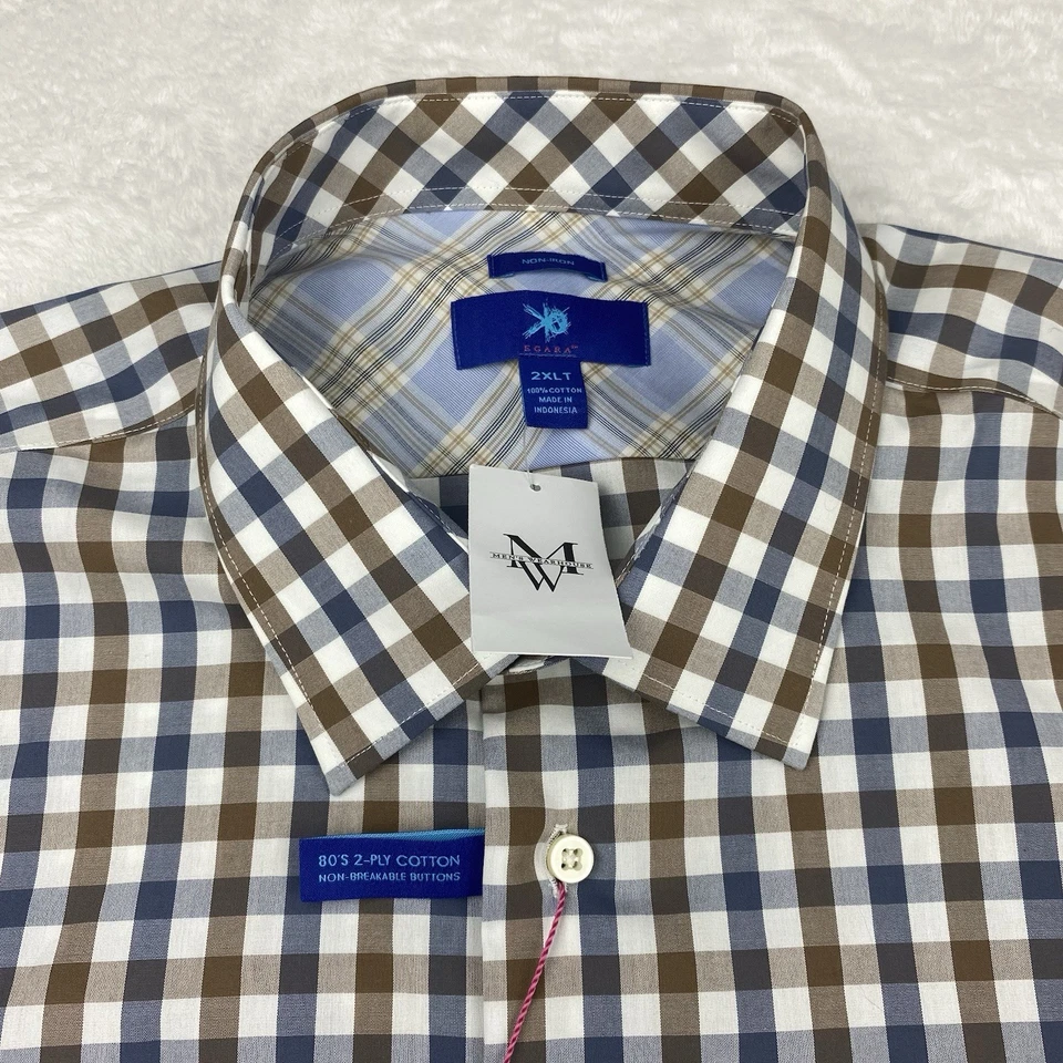 Camisa de vestir EGARA para hombre 2XLT azul/marrón a cuadros sin planchar ¡Nueva con etiquetas! Foto 3 de 4