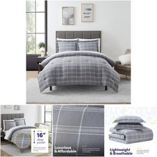 7 Piece Full Gray Plaid Comforter Set Solid Color Soft Blanket Microfiber Sheets