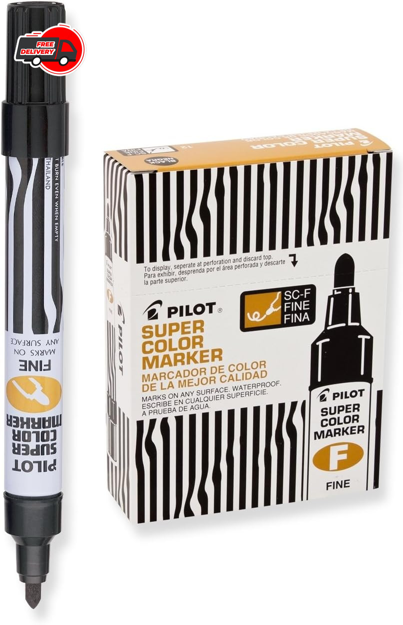 Pilot Super Color Permanent Markers 12 Count Black Chisel Tip Fine Point