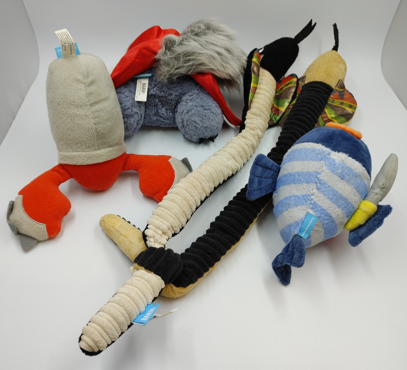 4 Bark Box Dog Toys Lot Plush Crinkle Squeak Tug Snake Crab Fish + Some Retired