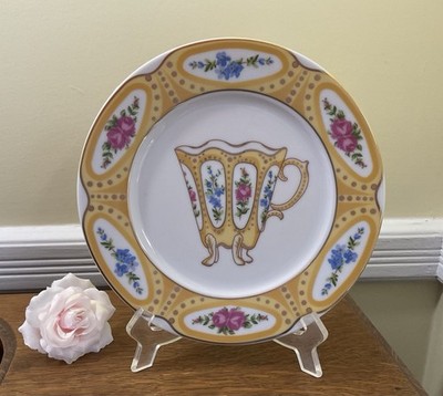 Godinger s Email de Limoges 7  Display PLATE Yellow Teacup Blue & Pink Flowers