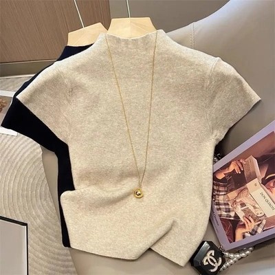 Damen Basic Rollkragen Strick Pullover Slim Fit Kurzarm Sommer Pullover