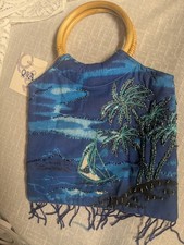 VINTAGE NWT Beaded Handbag with Wood Handles Retro Earth Tone Seed Bead...