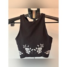 Athleta Conscious Eyelet Crop Tank Bra XXS A-C Black Floral Embroidered