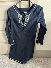 Old Navy Boho Tunic Dress Peasant Long Sleeve Cotton Navy Blue Embroidered S