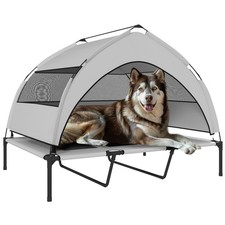 Hundeliege Outdoor mit Dach, Erhöhtes Hundebett mit Stahlrahmen Hellgrau