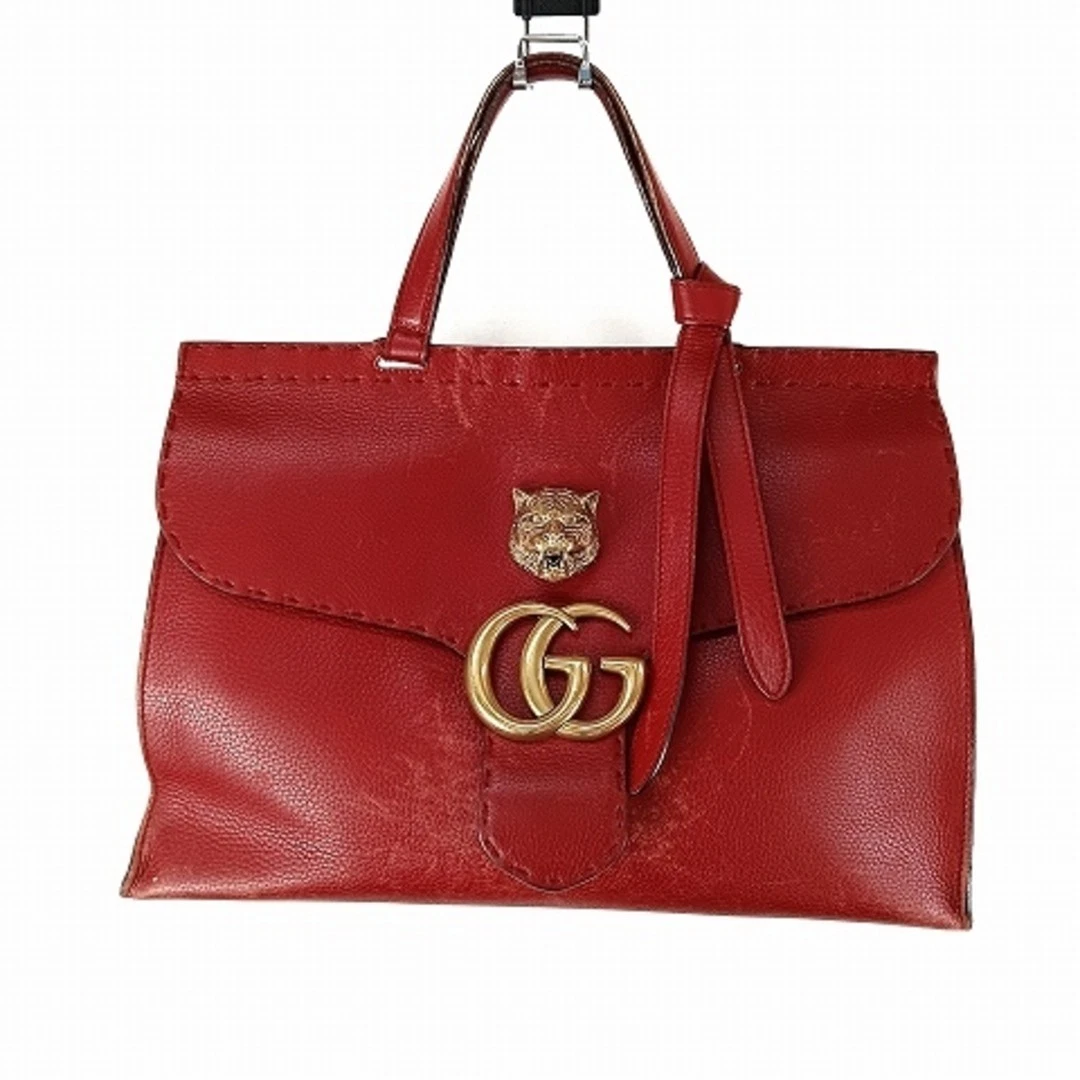 Sac à main Gucci GG Marmont tête de tigre une main en cuir couleur rouge or AA d'occasion