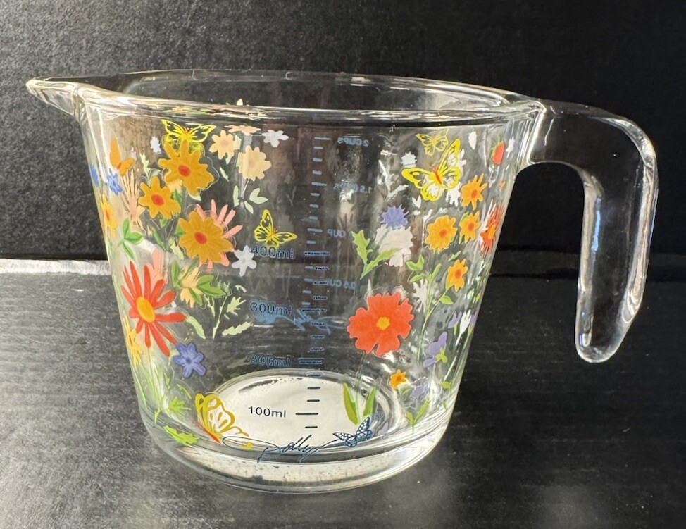 NEW 🦋 Dolly Parton 🦋 Clear Glass Measuring Cup - Handle Wildflowers