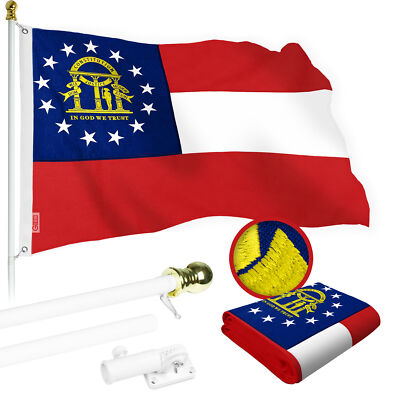 NEW G128 Georgia State Flag & Flagpole, 5FT White Pole and 2x3FT SPUN Flag