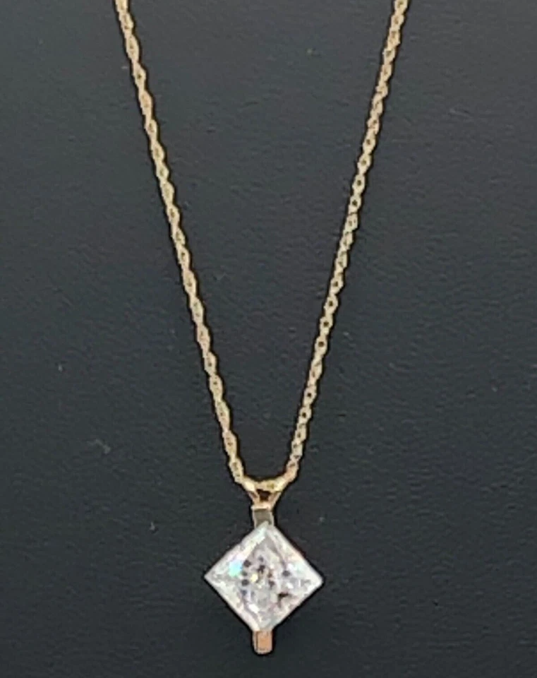 Colgante Diamonique Diamonique Corte Princesa Circonita Cúbica Diamante Cadena Amarilla 14k 16" De Colección Foto 4 de 4