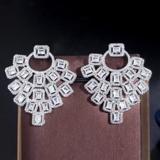 CZ Square Dangle Drop Earrings Silver Plated Cubic Zircon Women Party Engagement