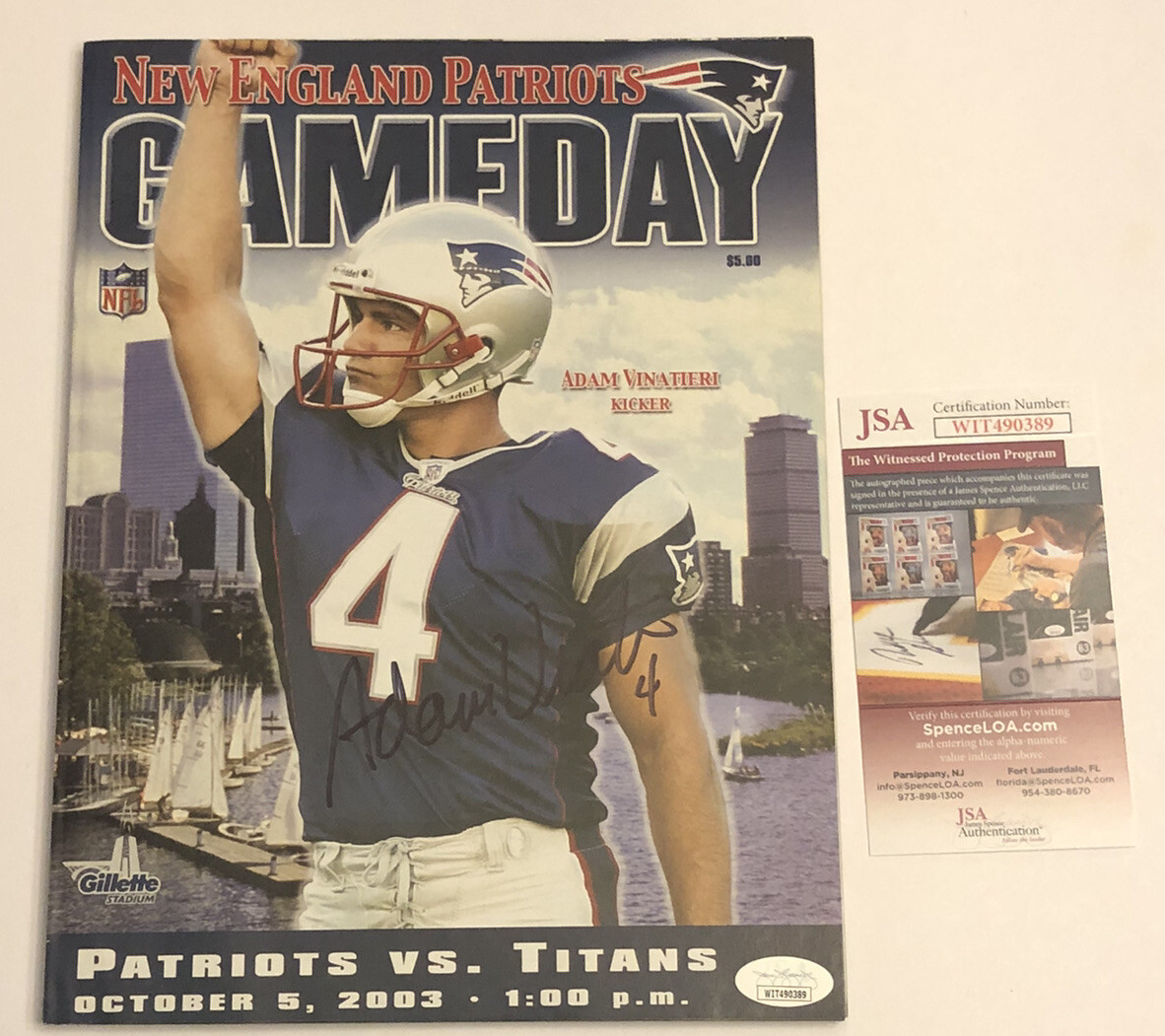 JSA ADAM VINATIERI SIGNED PATRIOTS GAMEDAY PROGRAM vs TITANS 10/5/03  AUTOGRAPHED | eBay