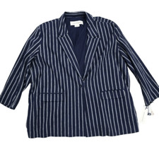 Treasure & Bond Womens 3X Plus Size Linen Blend Blue And White Striped Button Cl