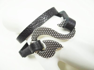 KING BABY Versatile Black Leather Sterling Silver Tribal Hook Bracelet/Necklace