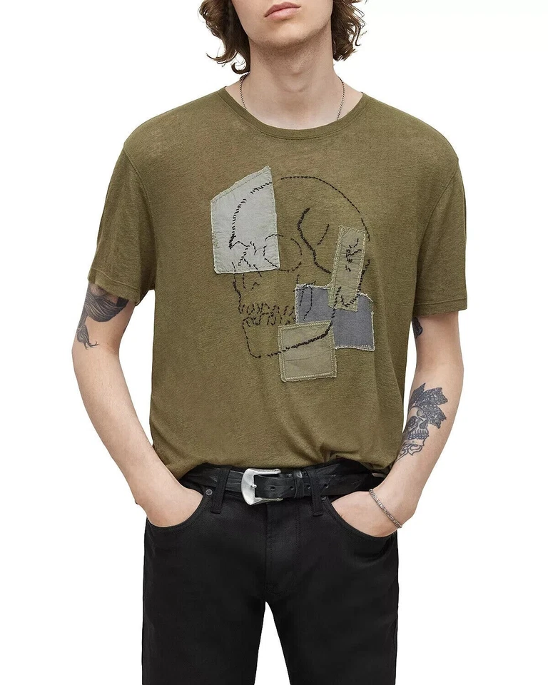 Mens T-Shirt Tee Top UK Size M John Varvatos Patchwork Skull 100% Cotton Olive