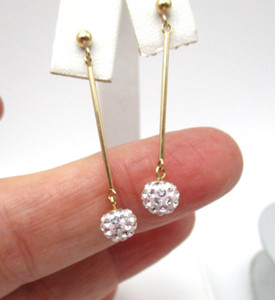 10K Yellow Gold White Crystal Ball Drop Earrings [E270]