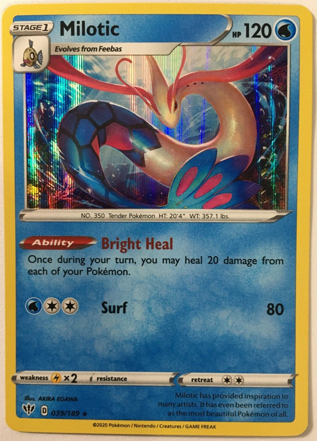 POKEMON MILOTIC 039/189 DARKNESS ABLAZE RARE HOLO NEAR MINT