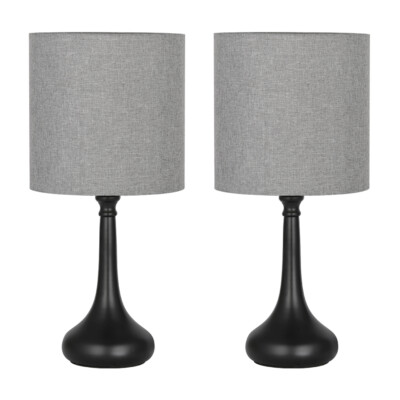 Set Of 2 Bedside Table Lamps Gray Line Fabric Lampshade Black Set Of 2 Bedside Table Lamps Gray Line