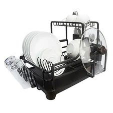 Countertop 2 Tiers Black Aluminum Dish Drying Rack Utensil Holder Drainboard Set