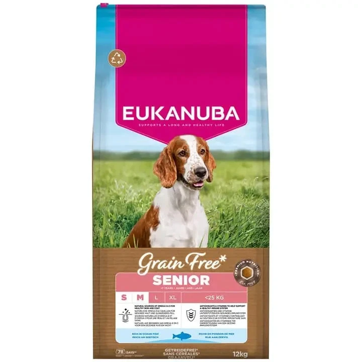 Eukanuba Grain Free Small & Medium Senior Ocean Fish Dog Food (3Kg, 12Kg)