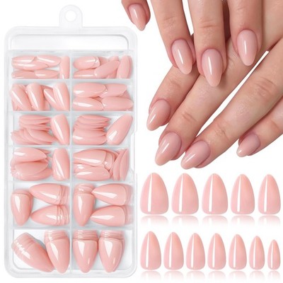 240pc Nude Almond Press on Nails Short Fake with Glue Short, Pink 