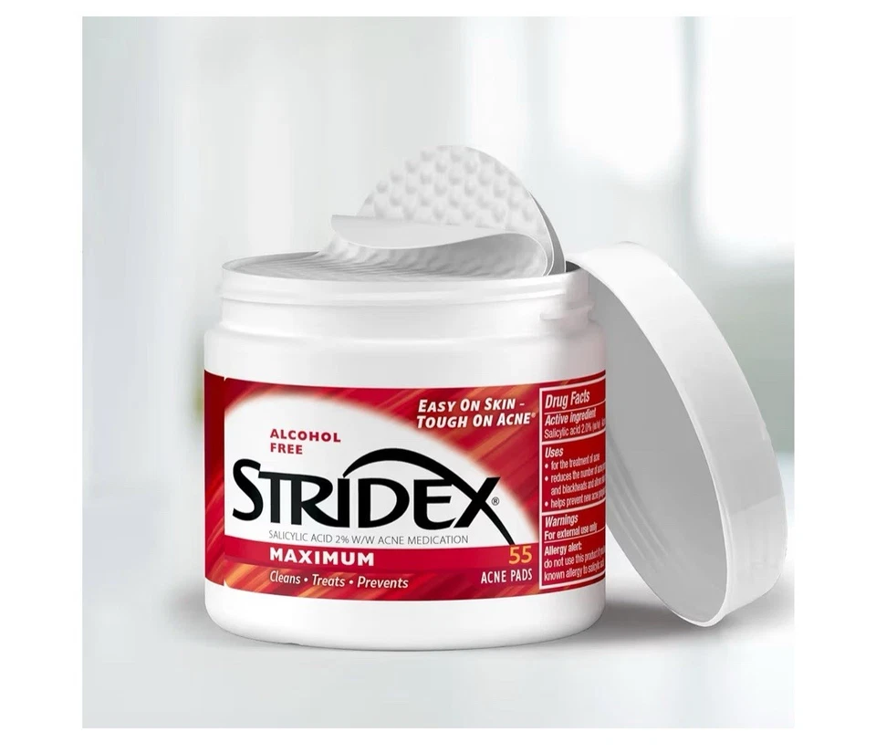 Almohadillas medicinales para el acné Stridex, máximo, 55 unidades - toallitas limpiadoras faciales, alcohol Foto 3 de 4