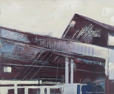 Morgan Johansson, artista svedese elencato. Olio su tavola. Edifici tetti