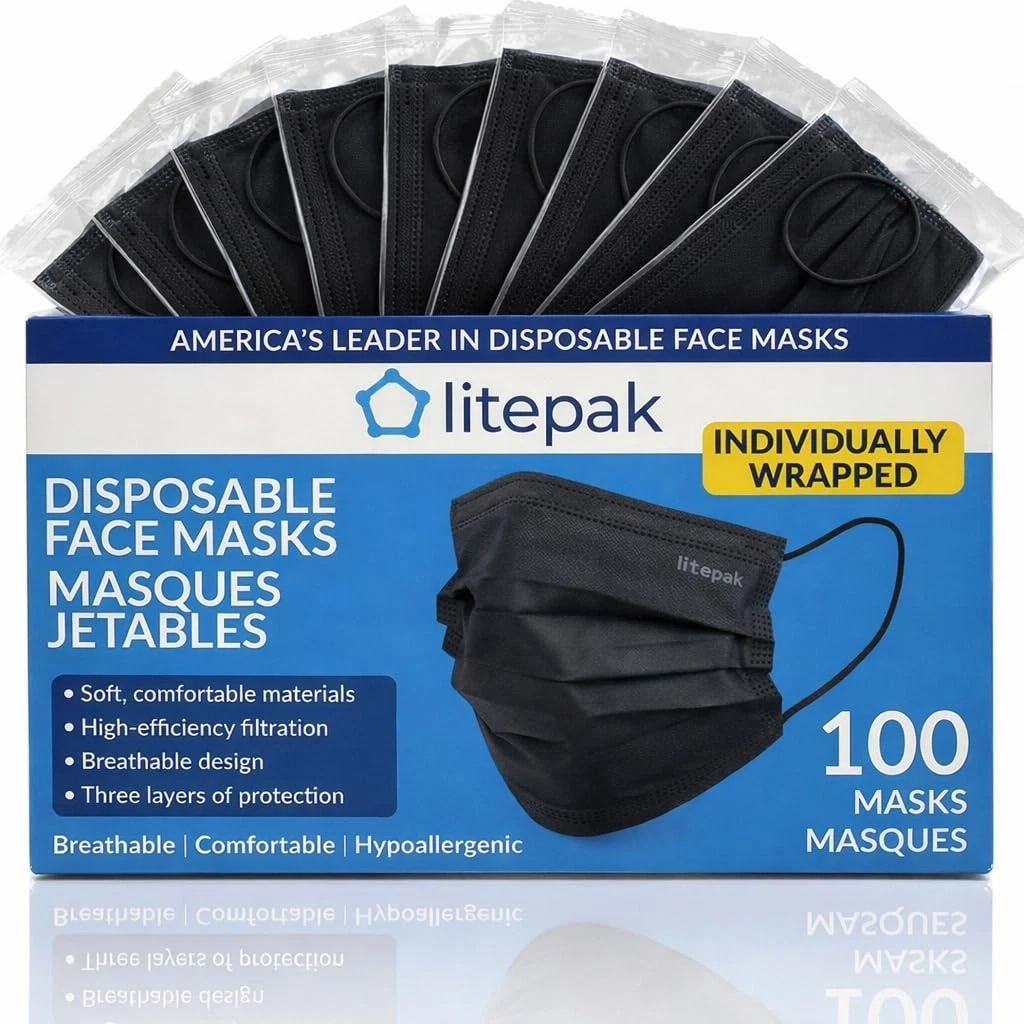 100pcs Premium Individually Wrapped Disposable Face Mask Black Premium Comfor...
