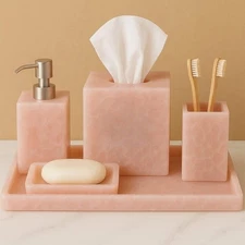 rose Quartz Bathroom Set – Tissue Box, Soap Dispenser & case, Brush Holder,tray