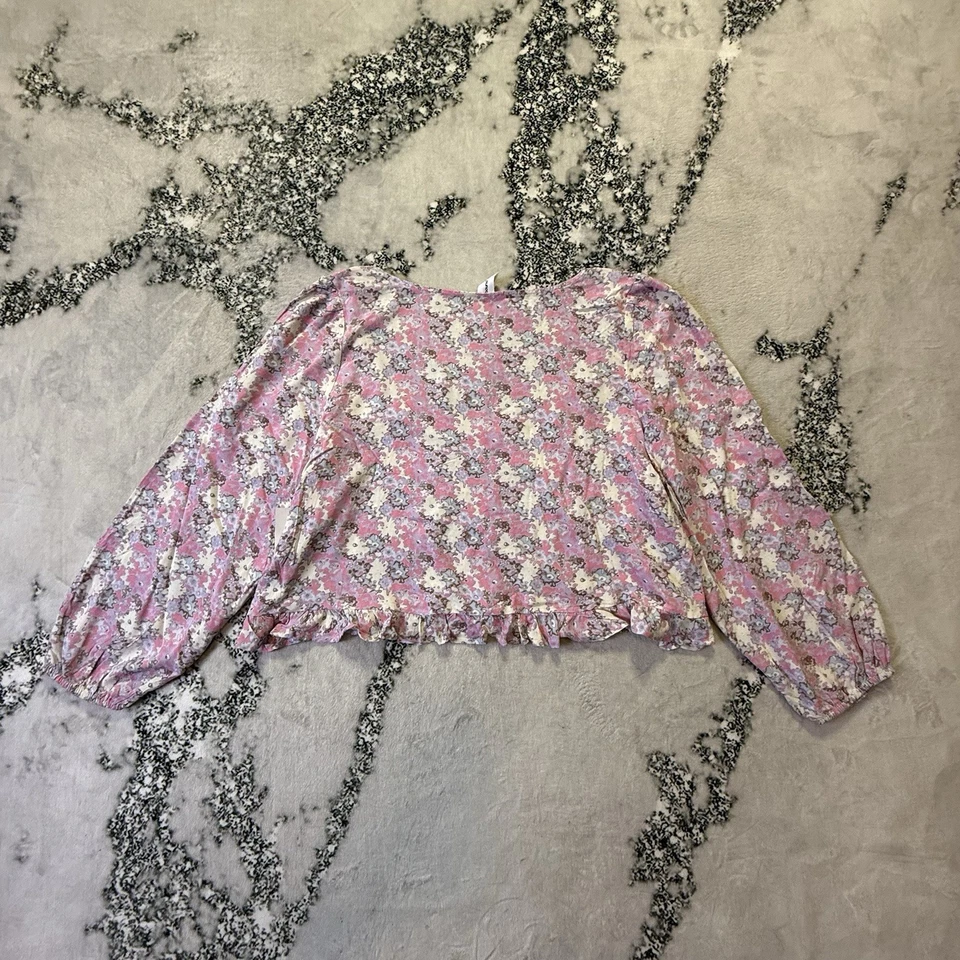 Abound Top Womens Size 3X Pink Multi Floral Balloon Sleeve Ruffle Hem Crop - Image 2 of 4