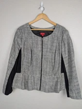 ELLE Jacket Womens 2X Gray Black Zip Front Peplum Tweed Knit Panel Career Chic
