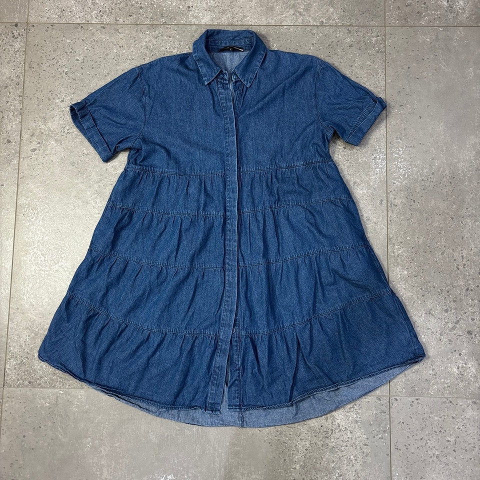 Decjuba Denim Shirt Dress Women's Size 8 Blue Tiered Button
