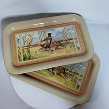 Vtg Set of 2 Ring Necked Pheasant Metal Lap Serving Trays 9" x 14"