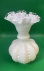 Fenton Milk Glass Silver Crest Beaded Melon Vase 6 3/8" Tall INV2