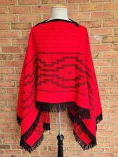 VTG Andean Ruana Folk Woven Red Black Pullover Festival Poncho w/ Fringe