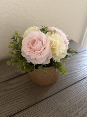 Faux Pink Mauve Rose Floral Centerpiece Rustic Wooden Box Arrangement Home Decor