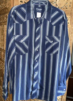 WRANGLER  PEARL SNAP WESTERN SHIRT INDIGO BLUE STRIPE RODEO SIZE XL