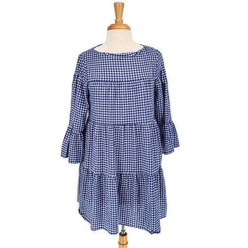 Zara Womens Gingham Peasant Boho Dress Size XS Blue Oversized Tiered Bell Sleeve - Picture 3 of 10