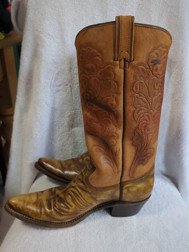 Vtg Texas Made in USA Brown Leather FLORAL Cowboy Western Riding Boots 9 D - Picture 3 of 8