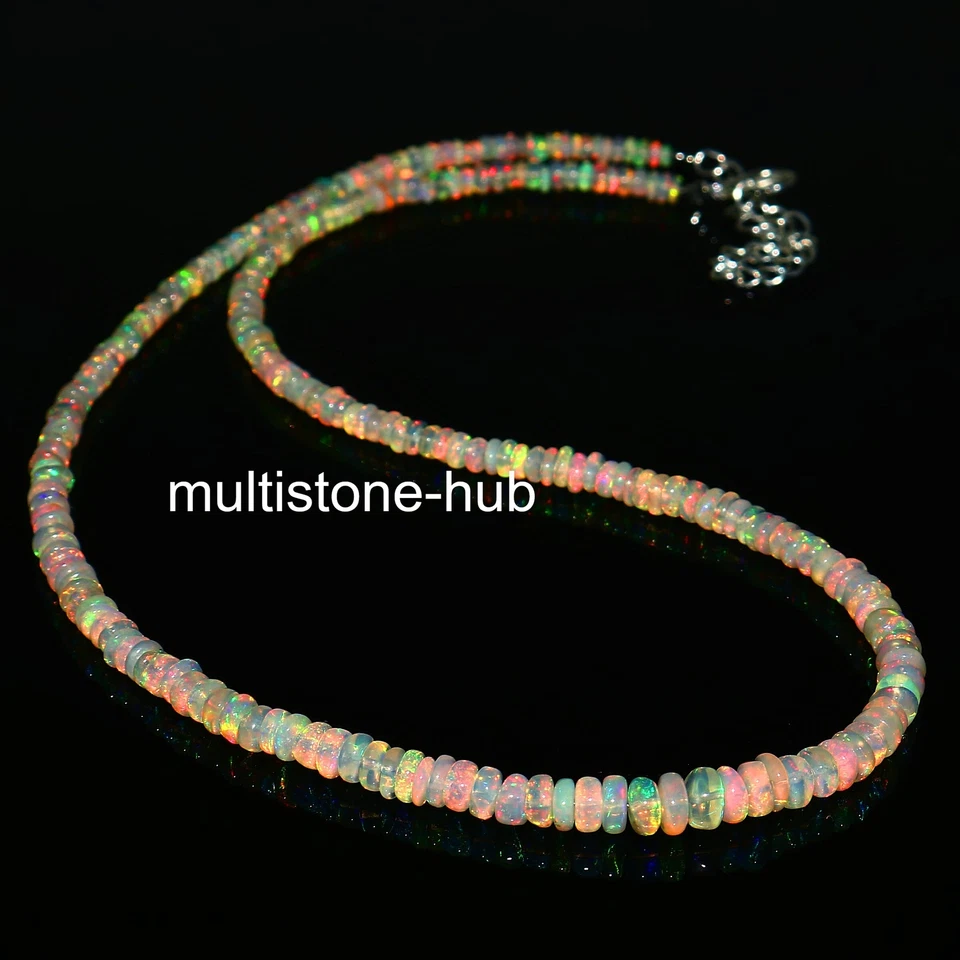 天然埃塞俄比亚 Welo 火蛋白石圆形串珠宝石项链 16 英寸 — 第 3/3 张图片