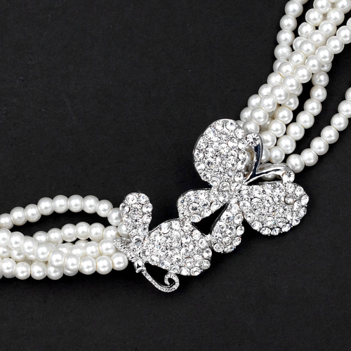 Women Elegant White Pearl Beaded Strand Layered Necklace Crystal Butterfly 1990 - Picture 3 of 6
