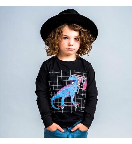 ROCK YOUR KID - Size 7 boys black 'Wired For Sound Long Sleeve T-Shirt' dinosaur