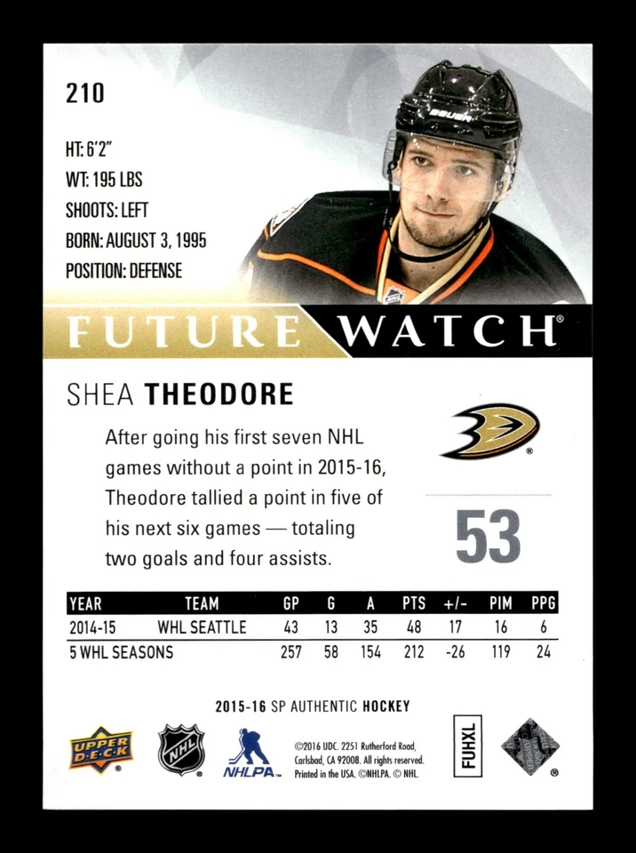 3-11-17 PWE READ . 2015-16 upper deck sp authentic rc #210 shea theodore /999 - Image 2 of 2