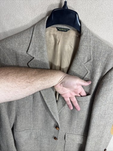 FLAW Vintage Savile Row 38R Mens Tweed Herringbone Wool Brown Leather Buttons - 第 4/16 張圖片