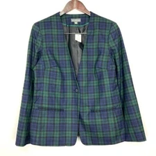L.L. Bean Plaid Wool Blazer Women’s Size 10 Collarless Single Button Classic