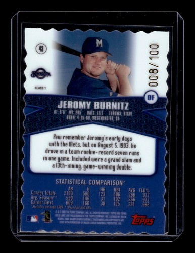 2000 Topps Gold Label #43 Jeromy Burnitz Class 1 Gold #/100 - Picture 2 of 2