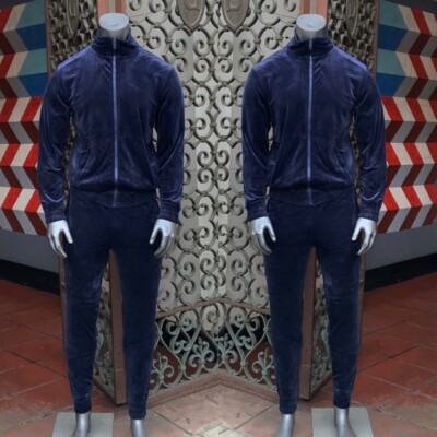 Men's Navy Full Zip Fitted Velour Tracksuit | eBay