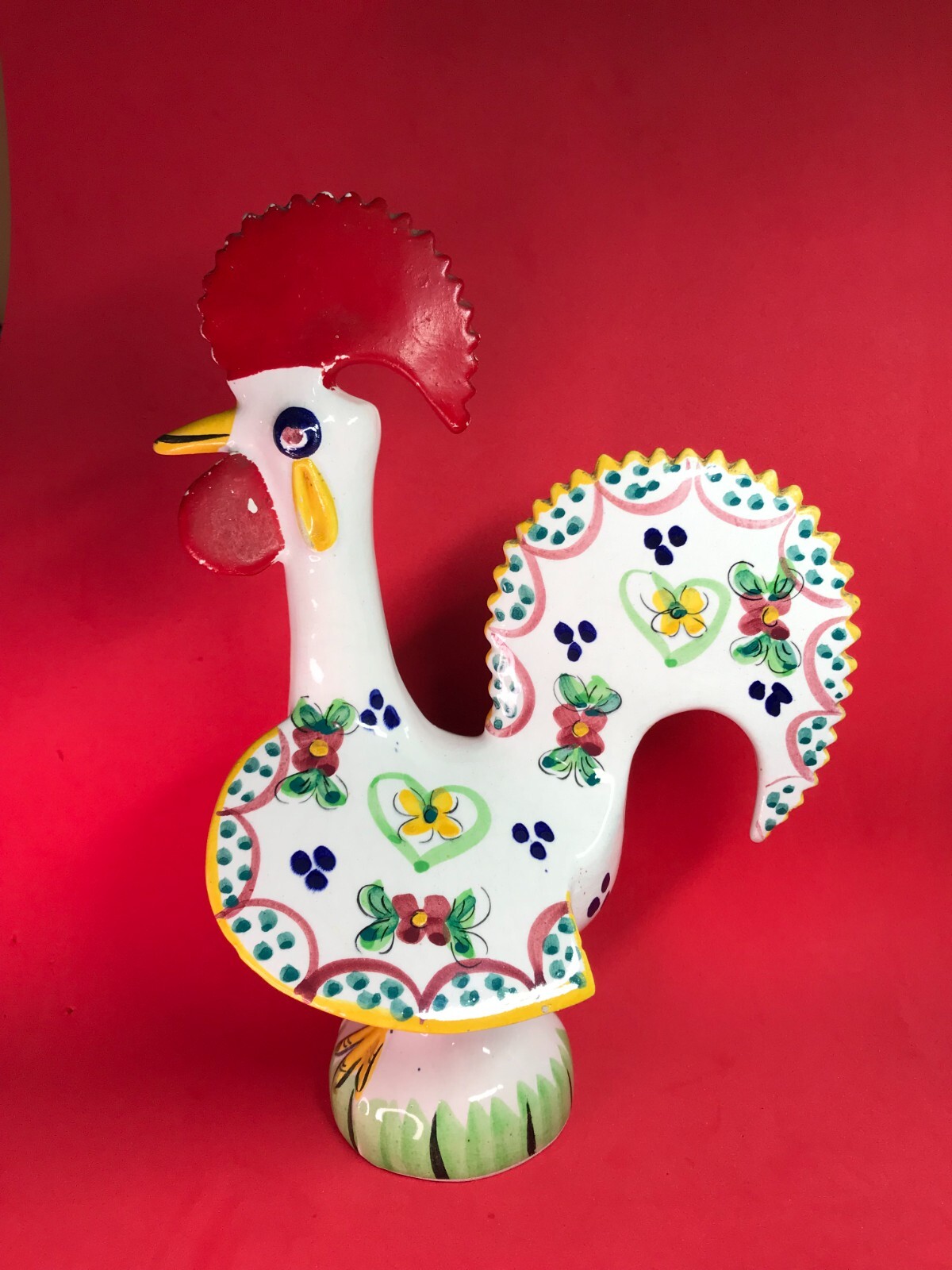 Barcelos Rooster Alcobaca Portugal Large Vintage Hand Painted Ceramic 11 Inch