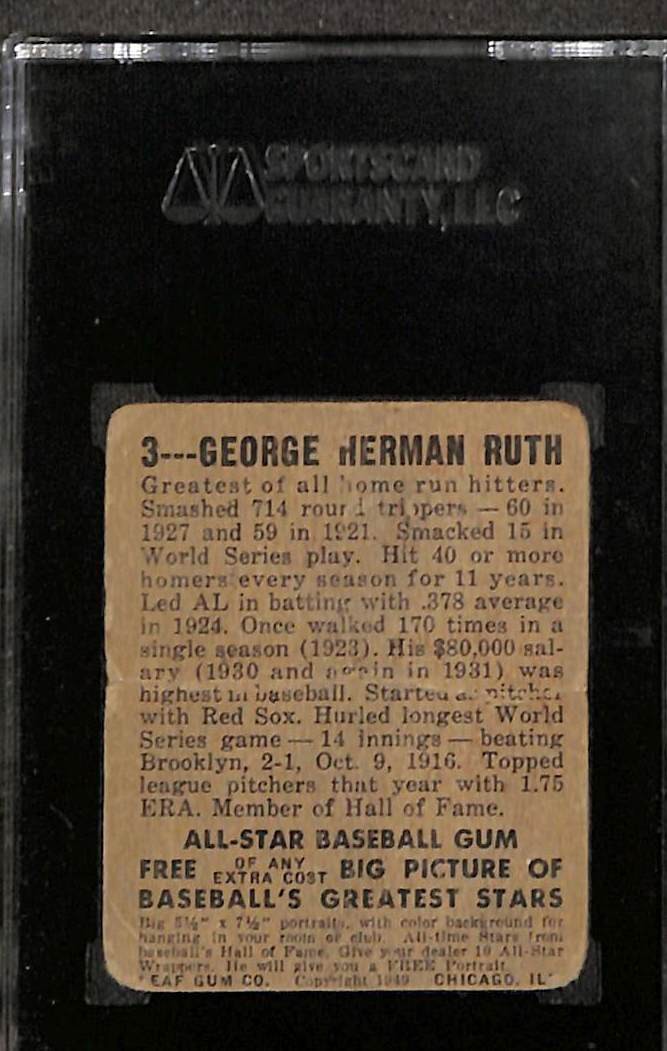1948 Leaf #3 Babe Ruth Yankees SGC 1 PR 1290770-002  view 2