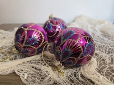 2" Purple Peacock Feathers Christmas Glass Ball Ornament Set Of 3 By G  D
